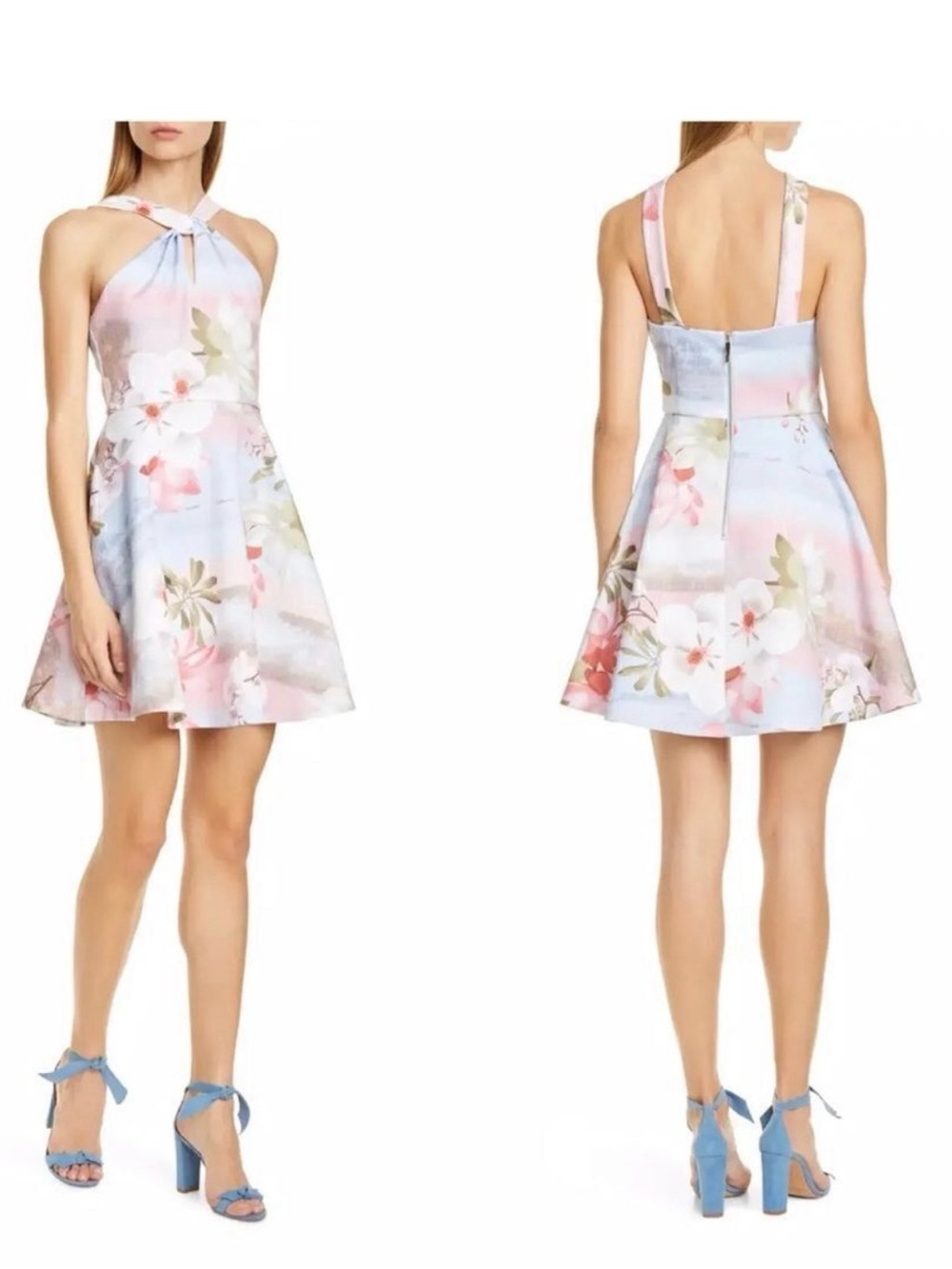 NWT TED BAKER UMERTA PINK/BLUE FLORAL TWIST HALTER SKATER DRESS SIZE 4 TED BAKER